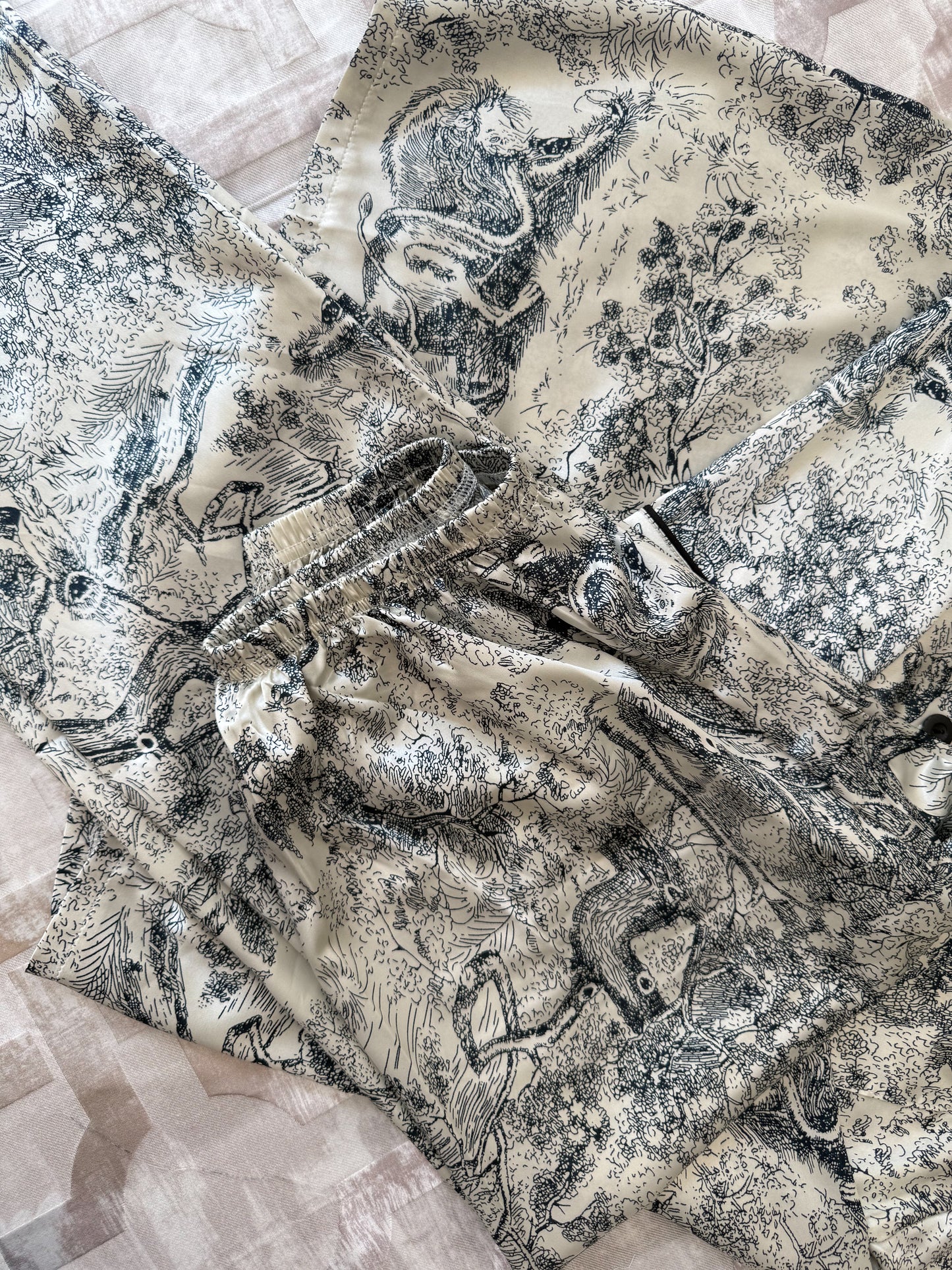 Luxury Silk-Feel Pajama Set – Elegant Toile Print