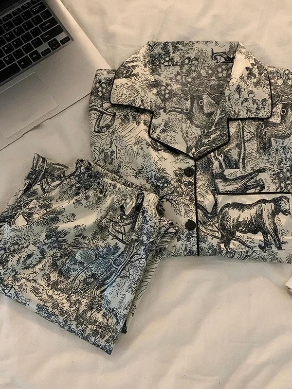 Luxury Silk-Feel Pajama Set – Elegant Toile Print