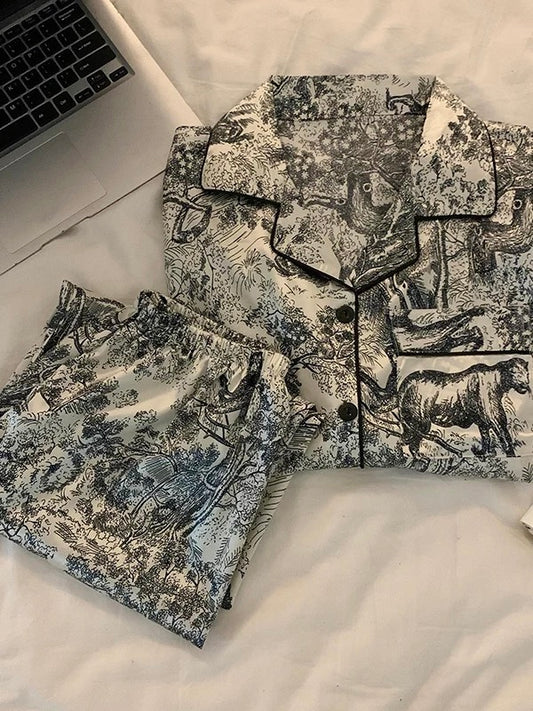 Luxury Silk-Feel Pajama Set – Elegant Toile Print