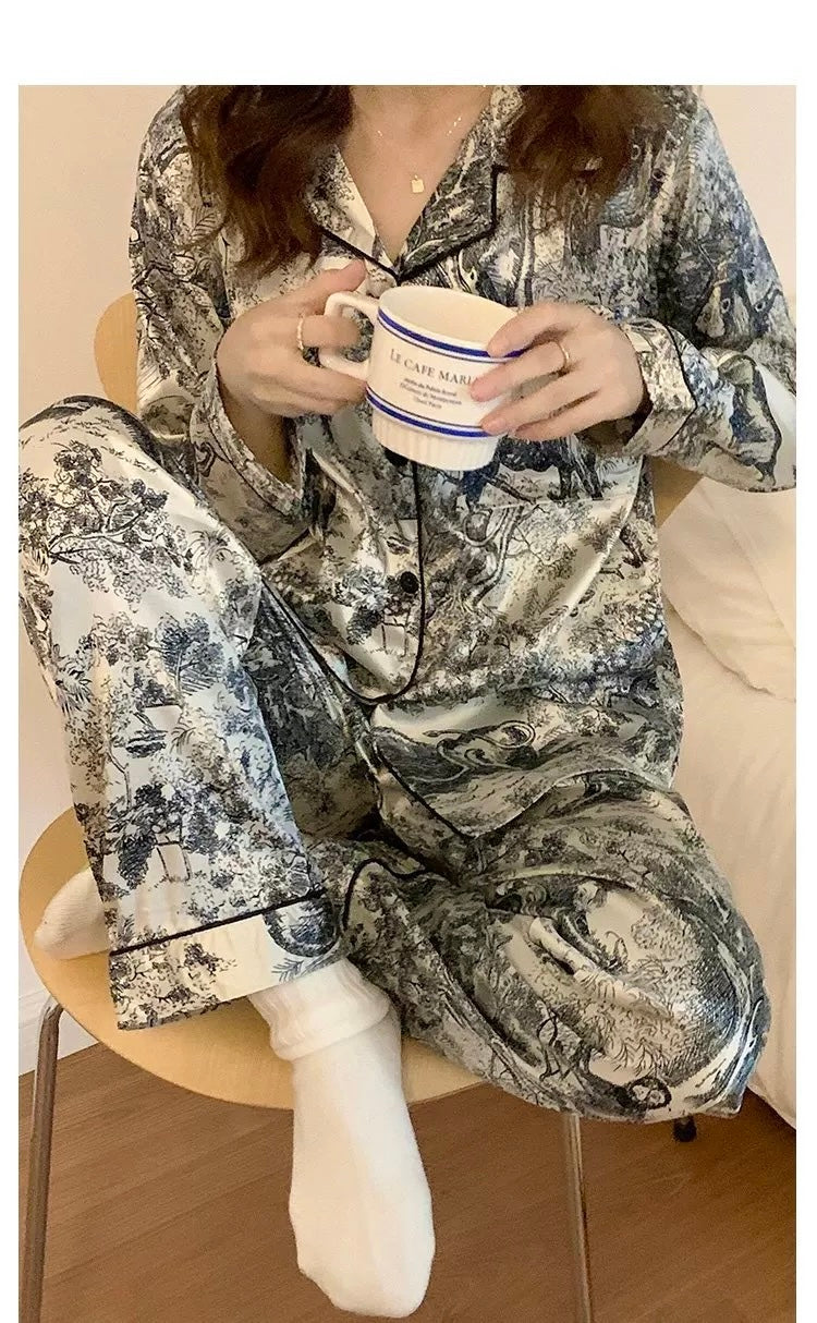Luxury Silk-Feel Pajama Set – Elegant Toile Print