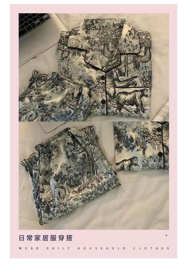 Luxury Silk-Feel Pajama Set – Elegant Toile Print